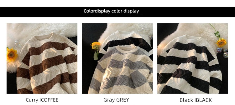Round neck easy Lazy wind stripe Color contrast Chaopai sweater