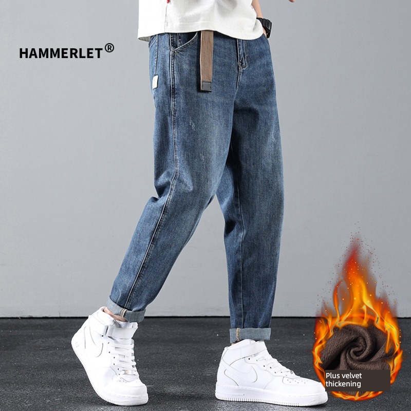 Plush thickening Autumn and winter easy Straight cylinder man Jeans Chaopai solar system Versatile elastic force Harlan Long pants male