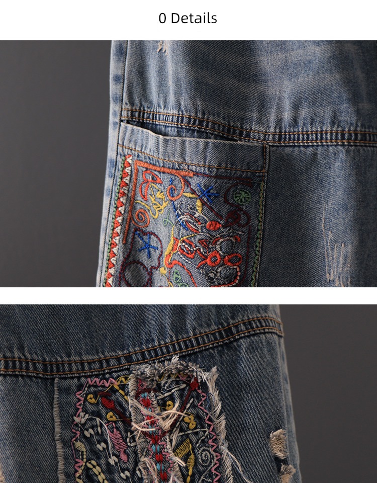 nation Embroidery Elastic waist Make old Wear out Ninth pants