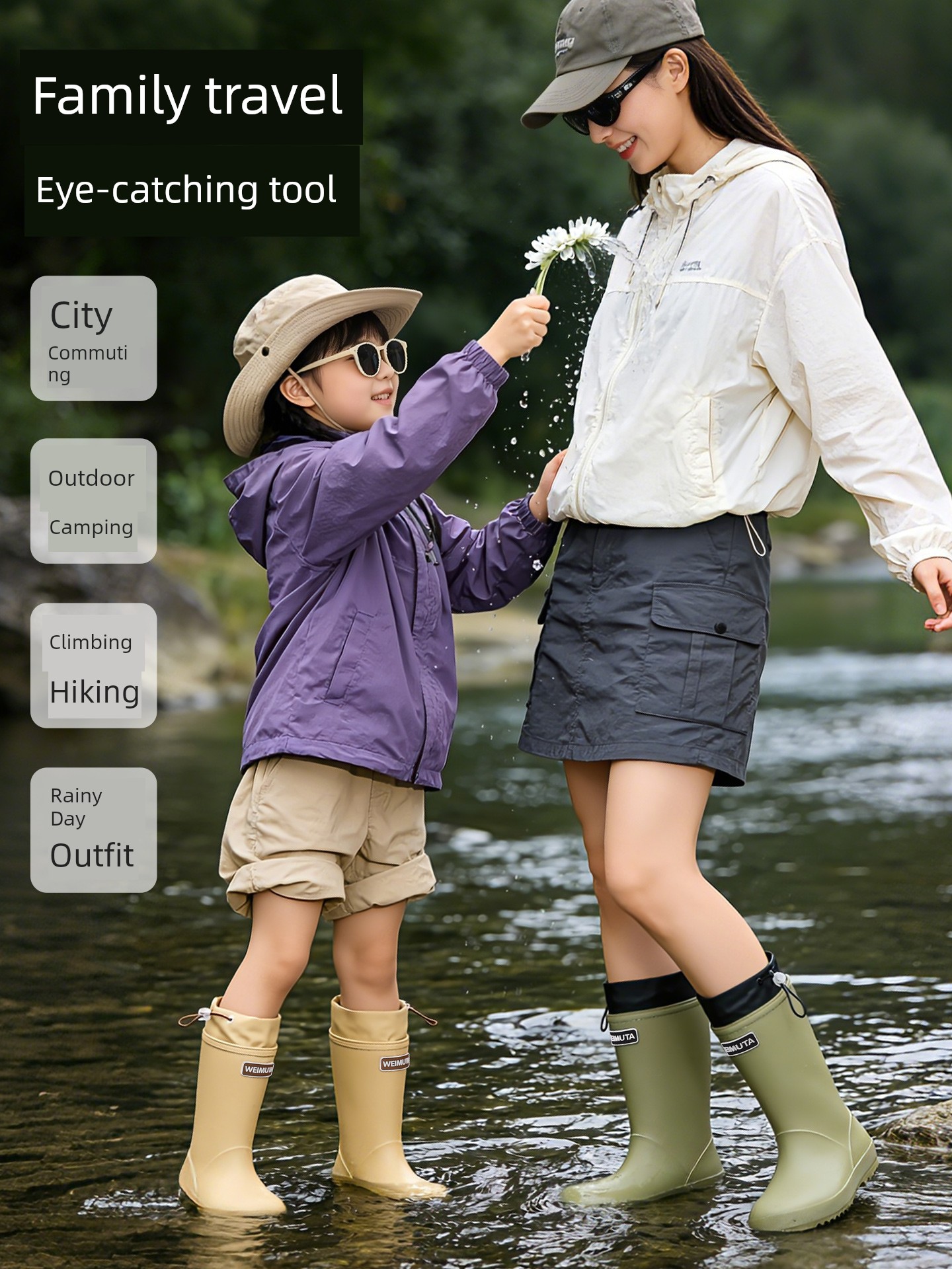 Children's Family Outdoor Rain Boots, Unisex Waterproof Ankle Boots with Anti-Slip Soles, Casual Hiking Water Boots, Rubber Shoes