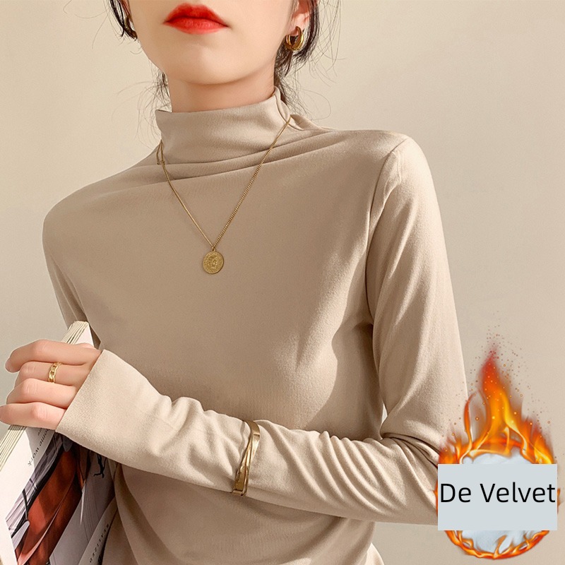 Half high collar Self-cultivation Show thin Derong Undershirt ma'am spring and autumn winter Plush Foreign style Inner lap Middle collar Long sleeve T-shirt