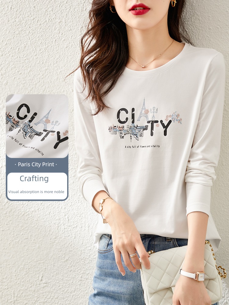 Paris Round neck Long sleeve easy Cotton printing T-shirt