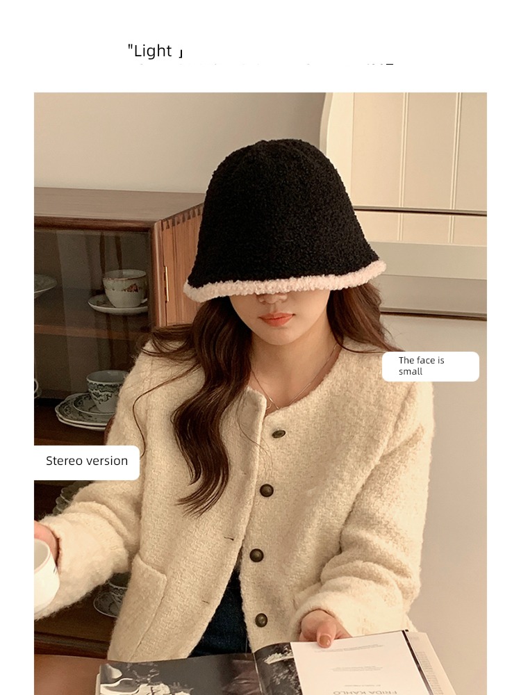 Korean version Plush Fisherman hat female Autumn and winter Versatile Show a small face Bucket cap ins Internet celebrity Color contrast edge knitting Basin cap