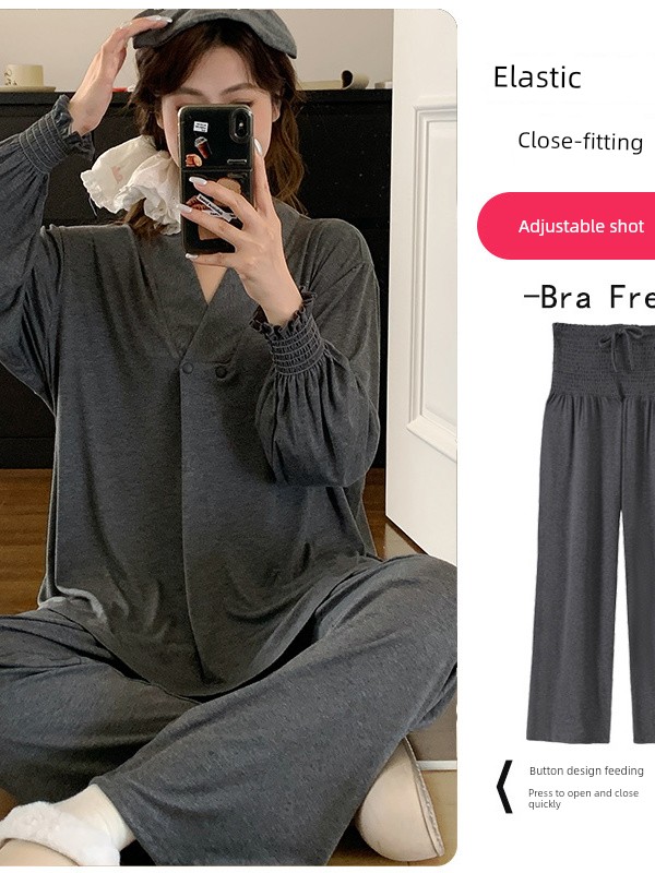 Free Hairband with Modal Maternity Pajamas for Women, Spring and Autumn Cool Nursing Postpartum Wear, Summer Thin Style with Breast Pads for Home Use — 3