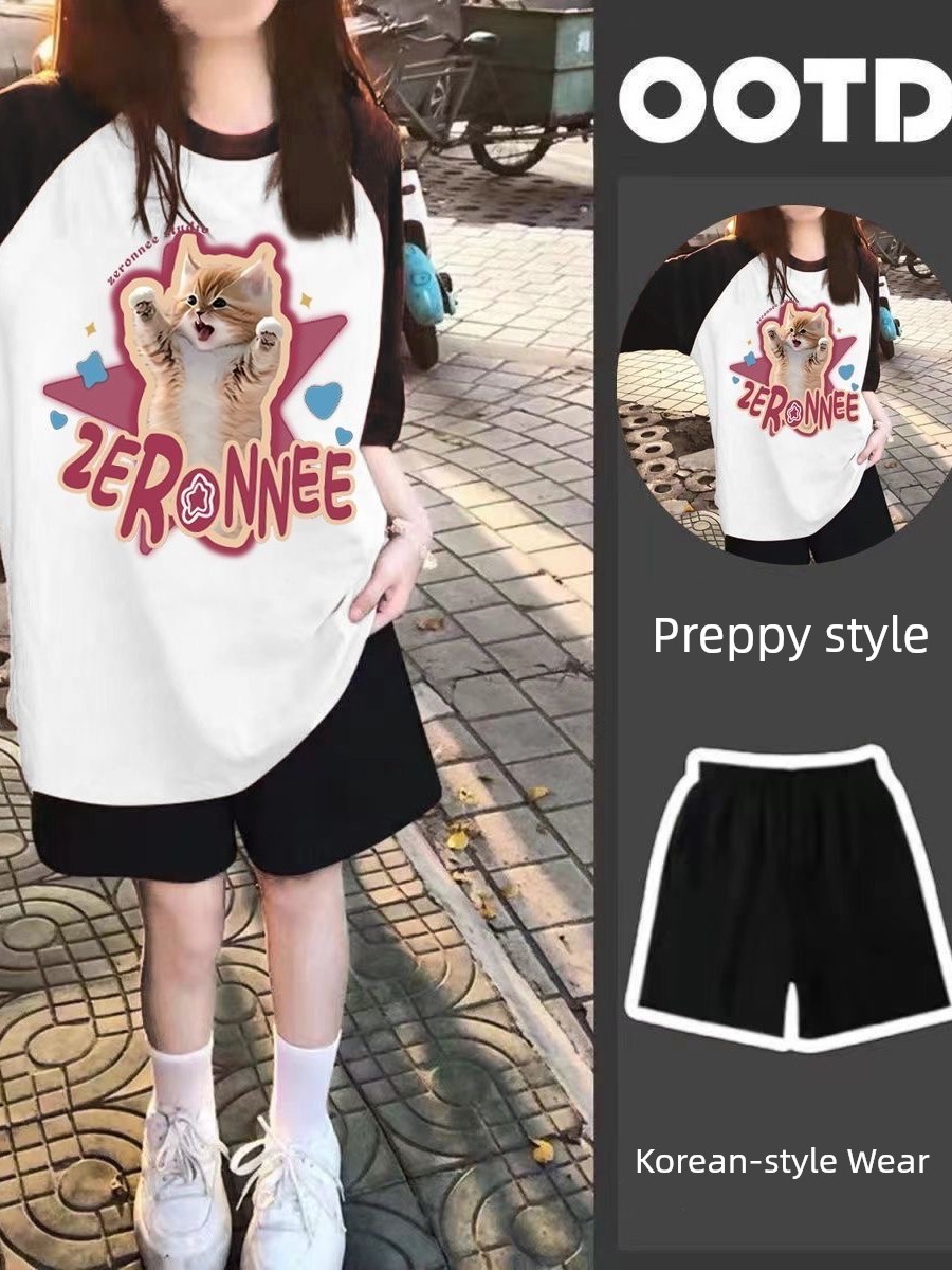 Girl Wear New Arrival Summer Two-Piece Suit Loose Short Sleeve T-shirt Top Sports Knee Length Shorts Ins Children's — 3