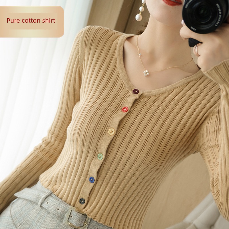Cardigan Tight fitting Color button Exposed navel pure cotton High waist sweater