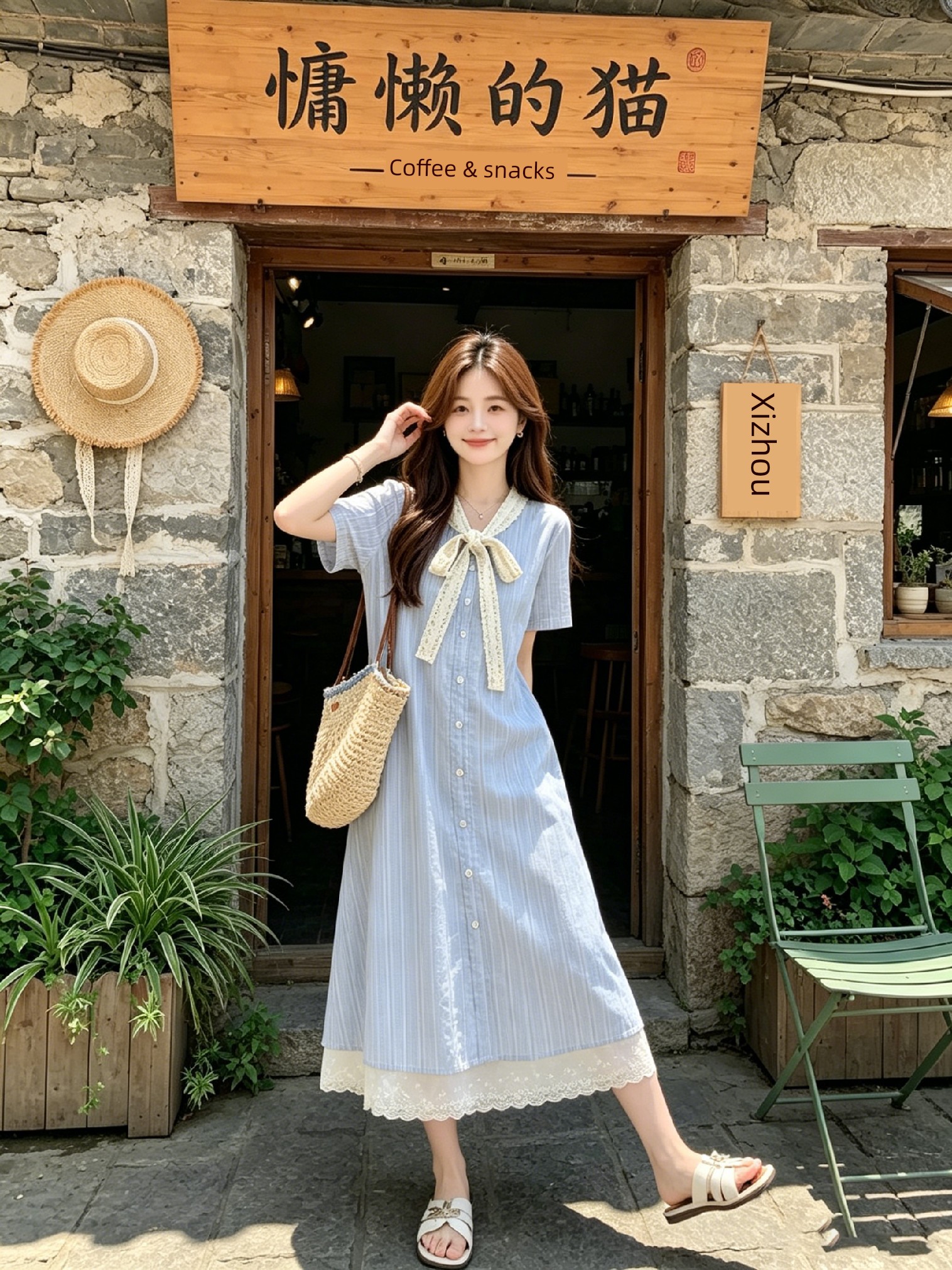 Maternity Dress Summer Thin Style 2026 New Blue Sweet Lace Splicing Short-Sleeved A-Line Dress Mid-Length for Women — 8