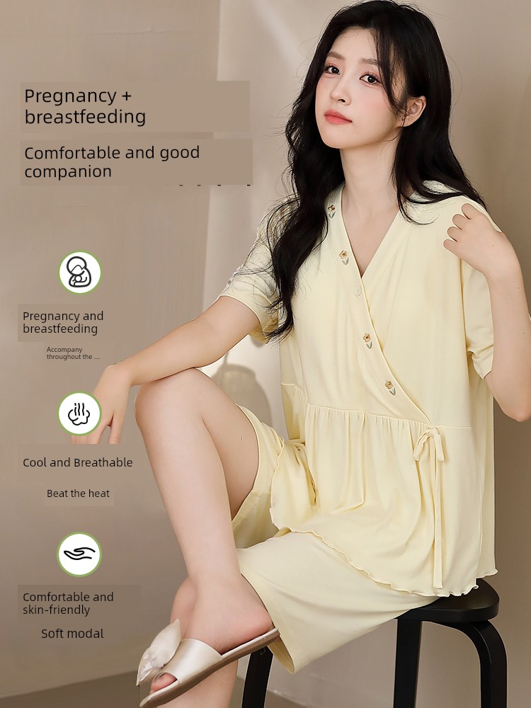Modal Maternity Pajamas with Chest Pads for Women, Summer Thin Short-Sleeve Nursing Sleepwear for Postpartum Women, Summer Maternity Loungewear — 2