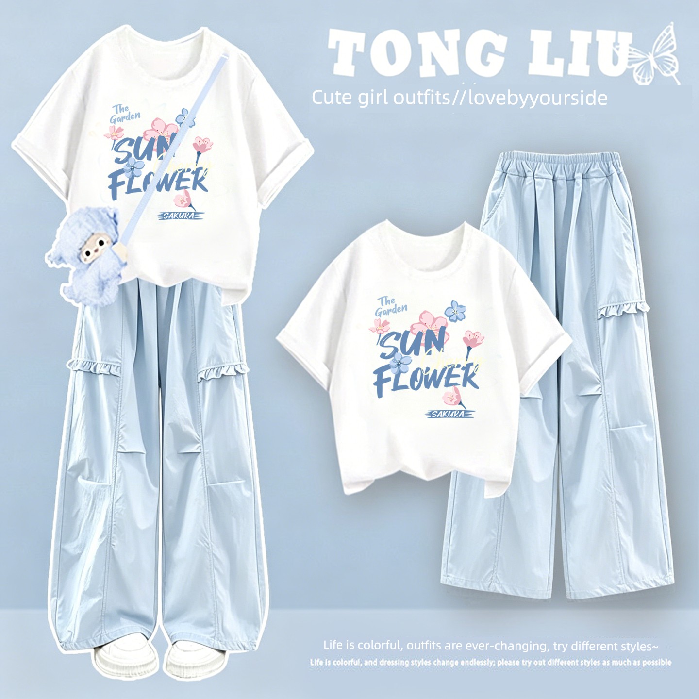 Girls' Short-Sleeved Summer Suit 2026 New Style for Middle School Students, Stylish Pure Cotton Clothing, Thin Cargo Pants — 4