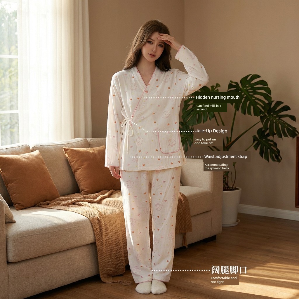 All-Cotton Imported New Pure Cotton Gauze Cute Teddy Maternity Pajama Set, Thin Style Postpartum Nursing Sleepwear Set — 13