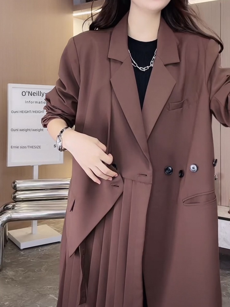 loose coat female brown Long sleeve temperament Pleat suit loose coat