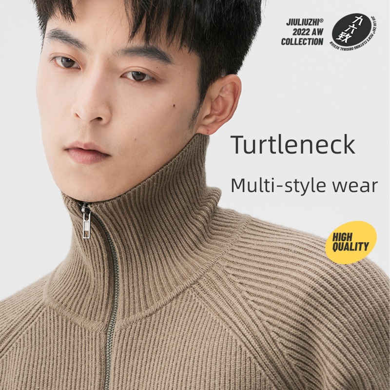 Jiu Liu Zhi original Autumn and winter zipper Sweater Cardigan High collar sweater male thickening Solid color easy loose coat trend