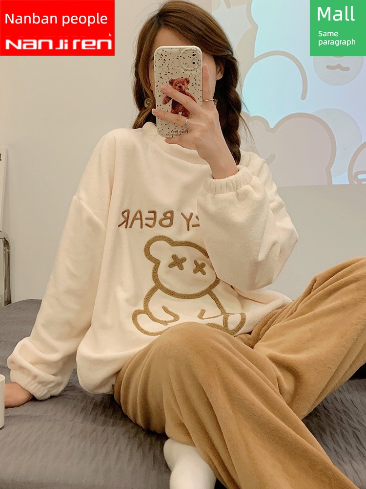 Coral velvet female spring and autumn winter keep warm flange pajamas