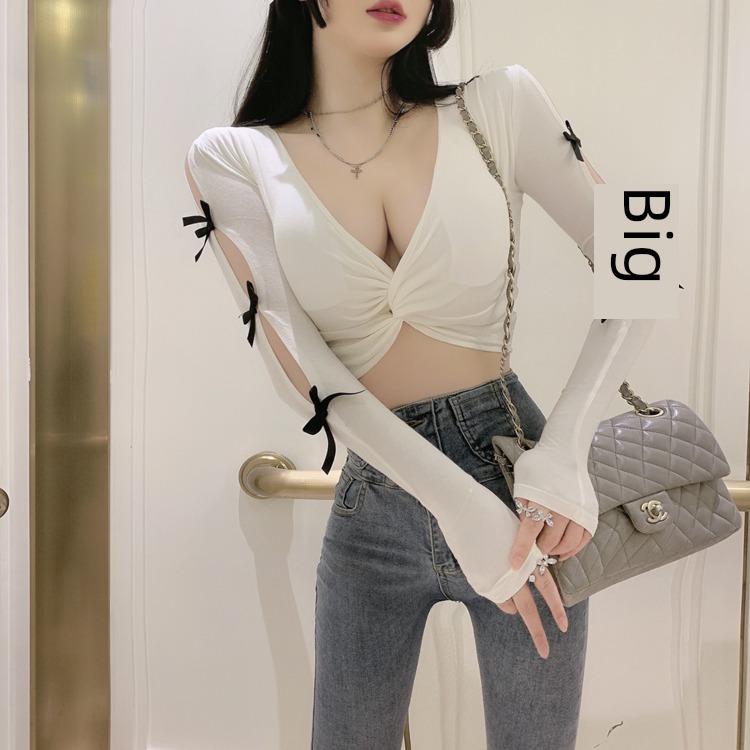 Minority Exposed navel Deep V-neck low-cut Jacket Long sleeve T-shirt