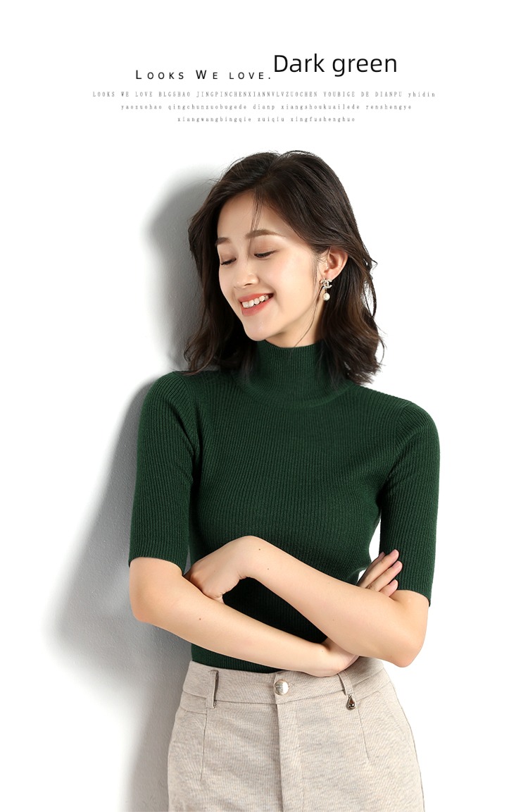 Self-cultivation Inner lap spring and autumn Half high collar black Short sleeve sweater