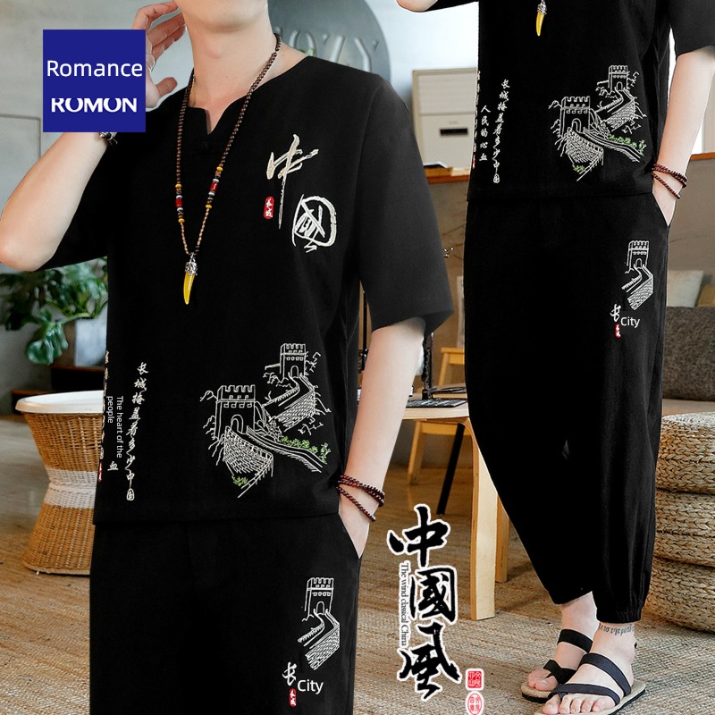Romon Thin money Cotton and hemp man Chinese style Short sleeve Tang costume