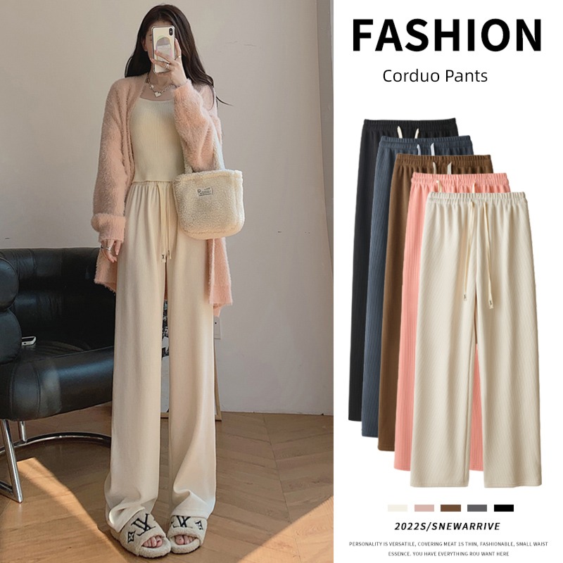 white Autumn and winter High waist leisure time Plush Wide leg pants