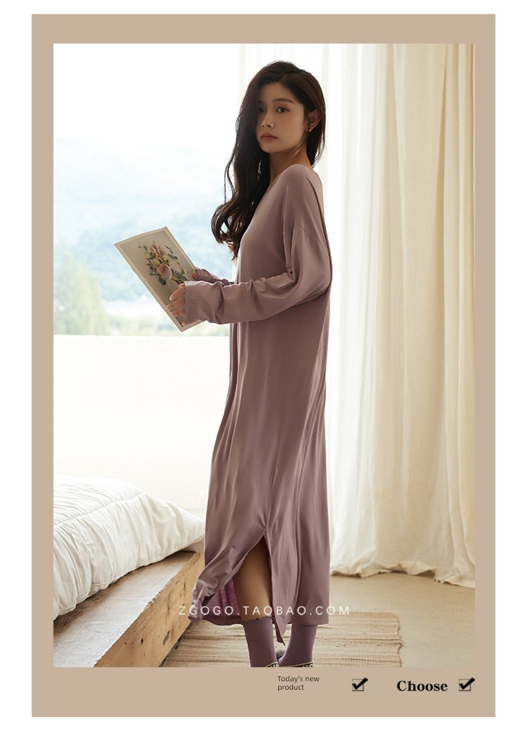 modal  Spring and Autumn Over the knee Solid color Korean version Nightdress