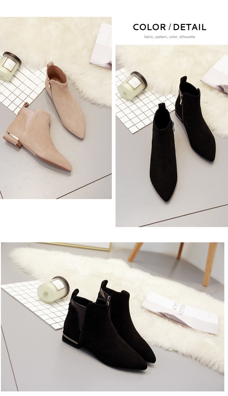Little heel spring and autumn Sharp point Flat bottom suede  Versatile Short boots