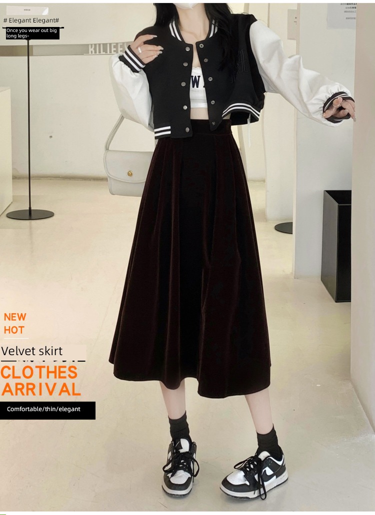 Autumn and winter High waist Sagging sensation Big swing Velvet skirt