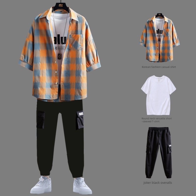 tide Short sleeve a set collocation Ruffian handsome lattice shirt