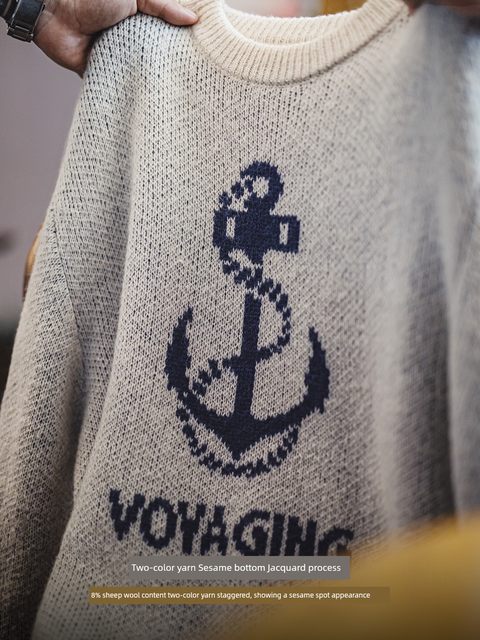 马登工装 美式复古针织船锚提花毛衣vintage套头圆领打底衫男春