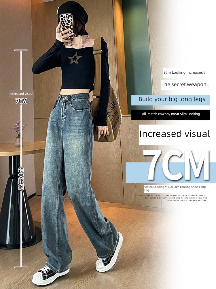 Make old Retro blue Color contrast High waist fat mm Jeans