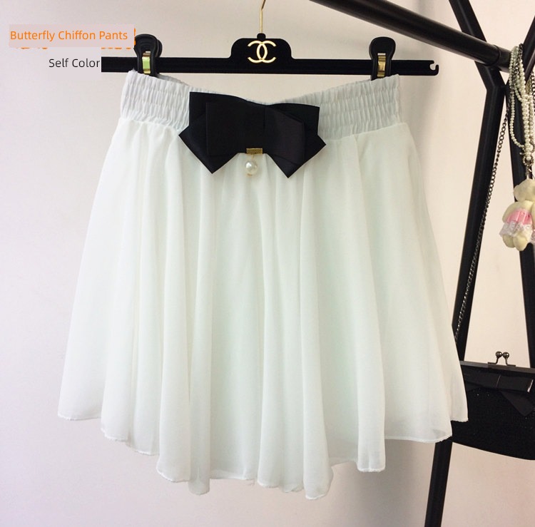 Chiffon autumn High waist white bow fold Short skirt