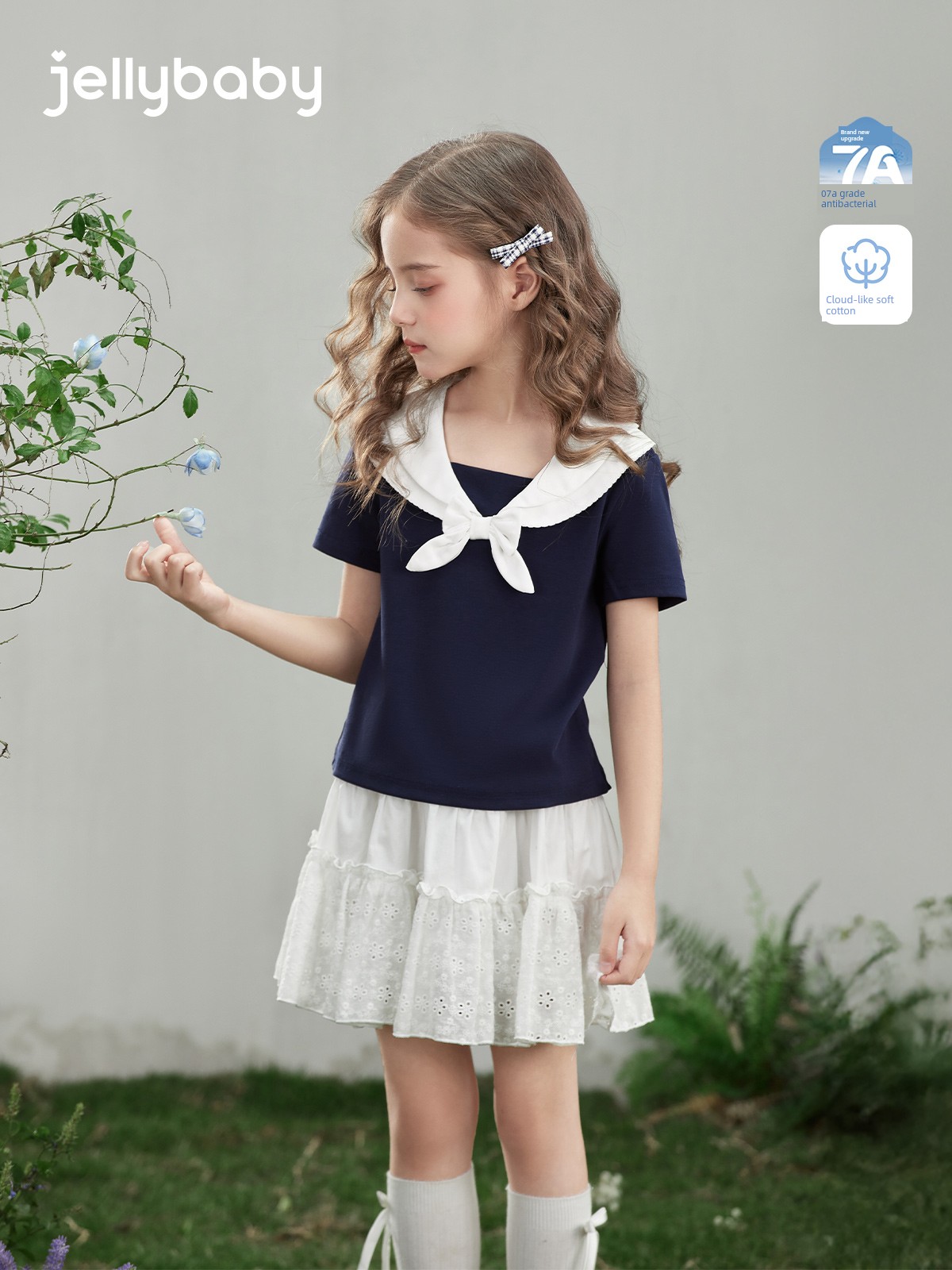 [Navy Collar] Girls' Short-Sleeved T-Shirt Summer 26 New Style Kidsren's Loose-Fitting Off-Shoulder Summer Casual Top for Older Kidsren