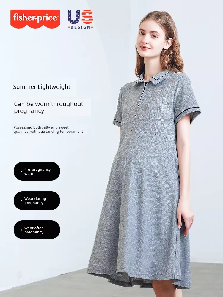 American Fisher Pregnant Women Dress Summer Plus Size Loose Polo Collar Tops Small Short Sleeve New Arrival Maternity — 2