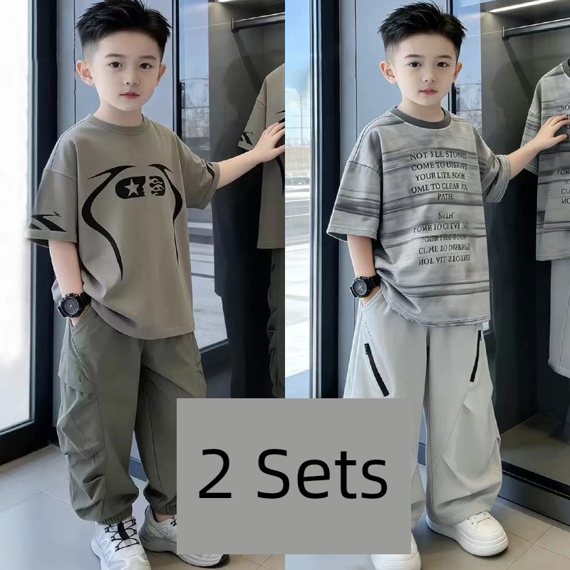 Boys' Short-Sleeve T-Shirt Set 2026 New Trendy Street Style Cool Children's Summer Outfit Boys' Clothing Big Kids Summer Two-Piece Set