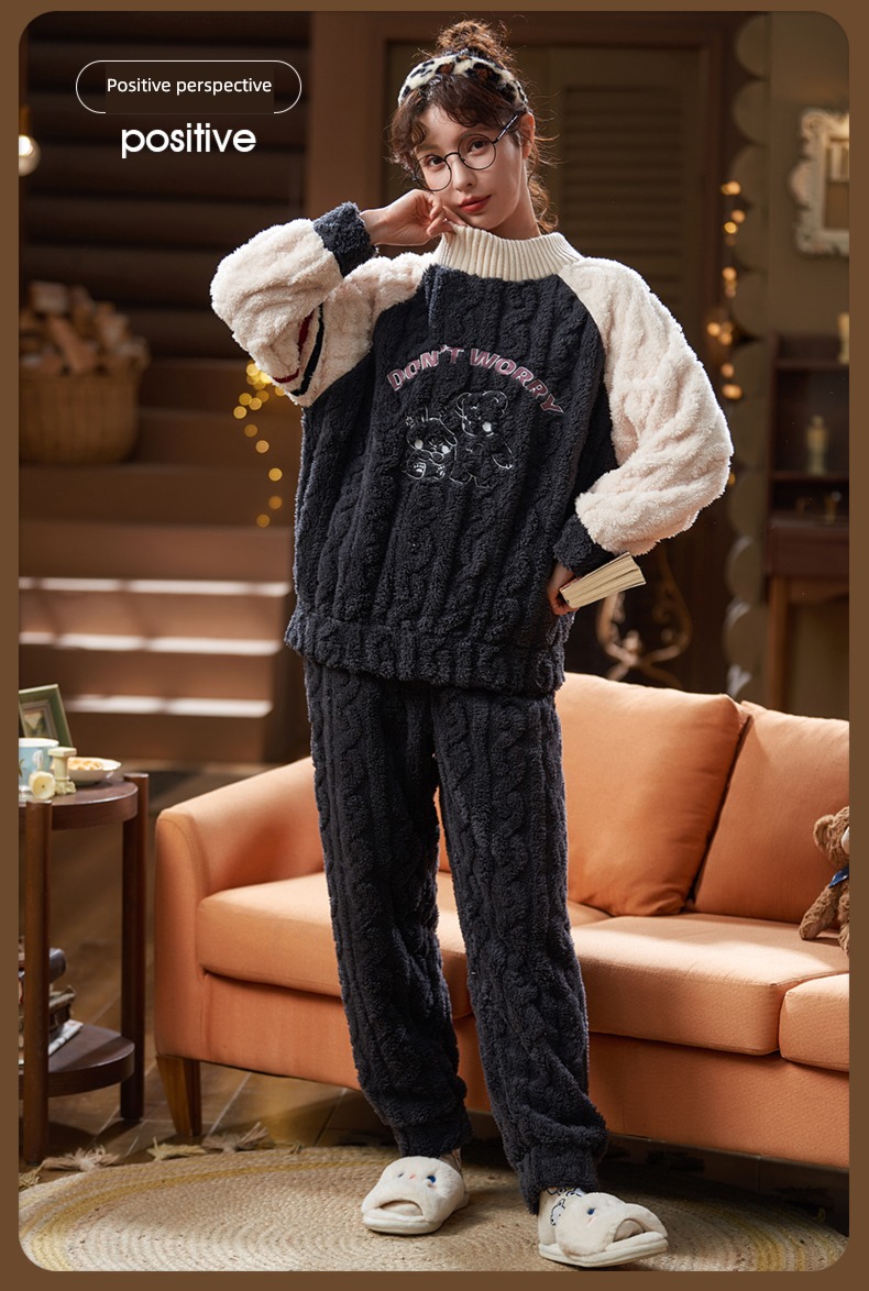 Coral velvet female spring and autumn winter keep warm flange pajamas