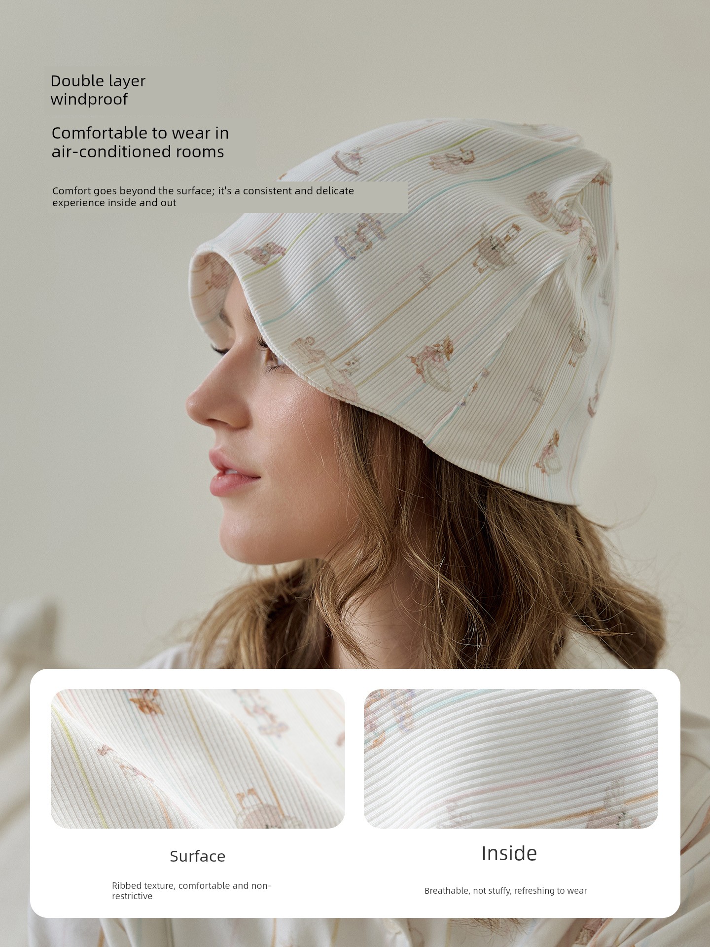 Happy Bear Maternity Hat Autumn/Winter Style for Pregnant and Postpartum Women, Large Head Circumference, Windproof Head Protection, Pure Cotton Sleep — 3