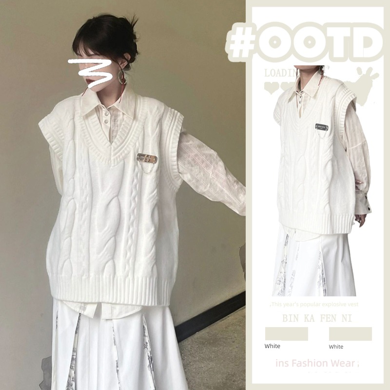 white Hemp flowers spring and autumn new pattern Lazy wind knitting Vest