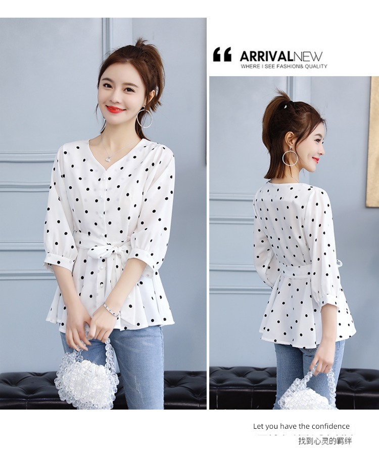 Korean version Temperament lady Frenulum Close your waist Skirt Ruffles Baby shirt jacket Short sleeve Wave point Chiffon shirt female summer