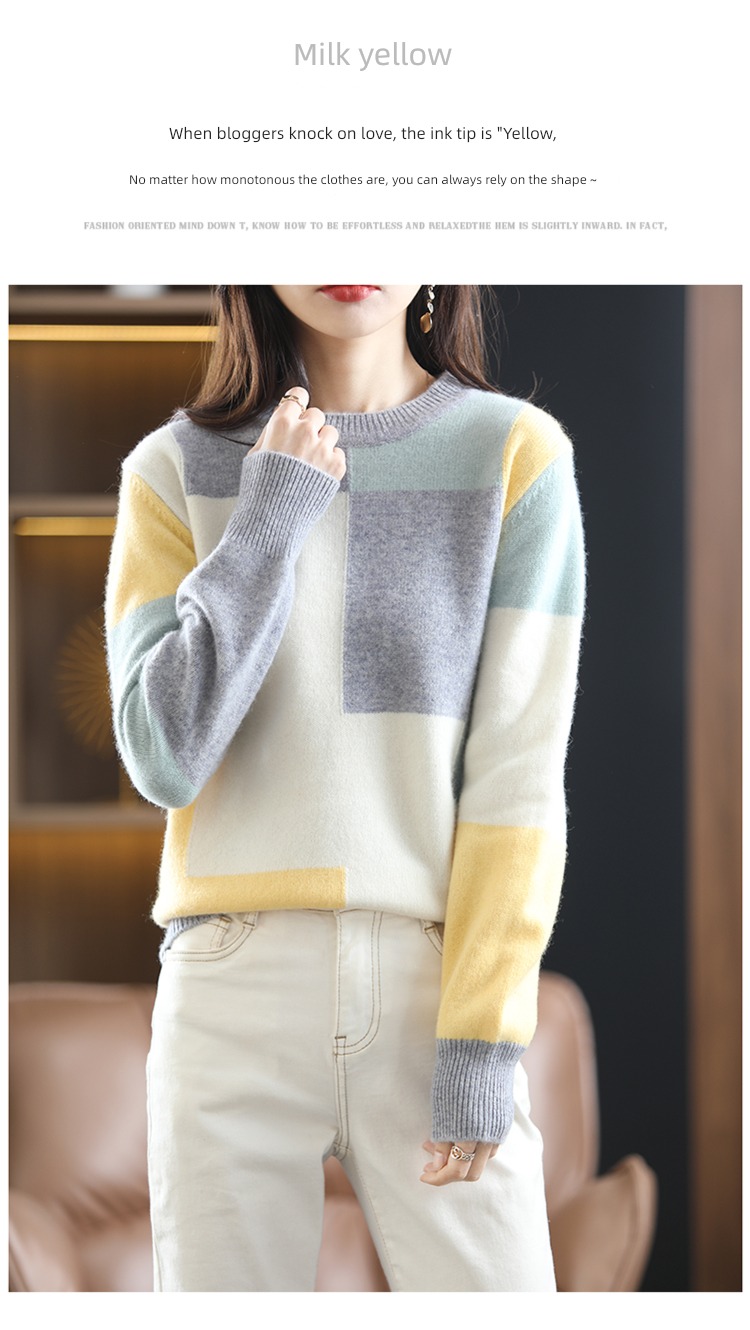 100% Round neck Autumn and winter Splicing Inner lap pure cardigan