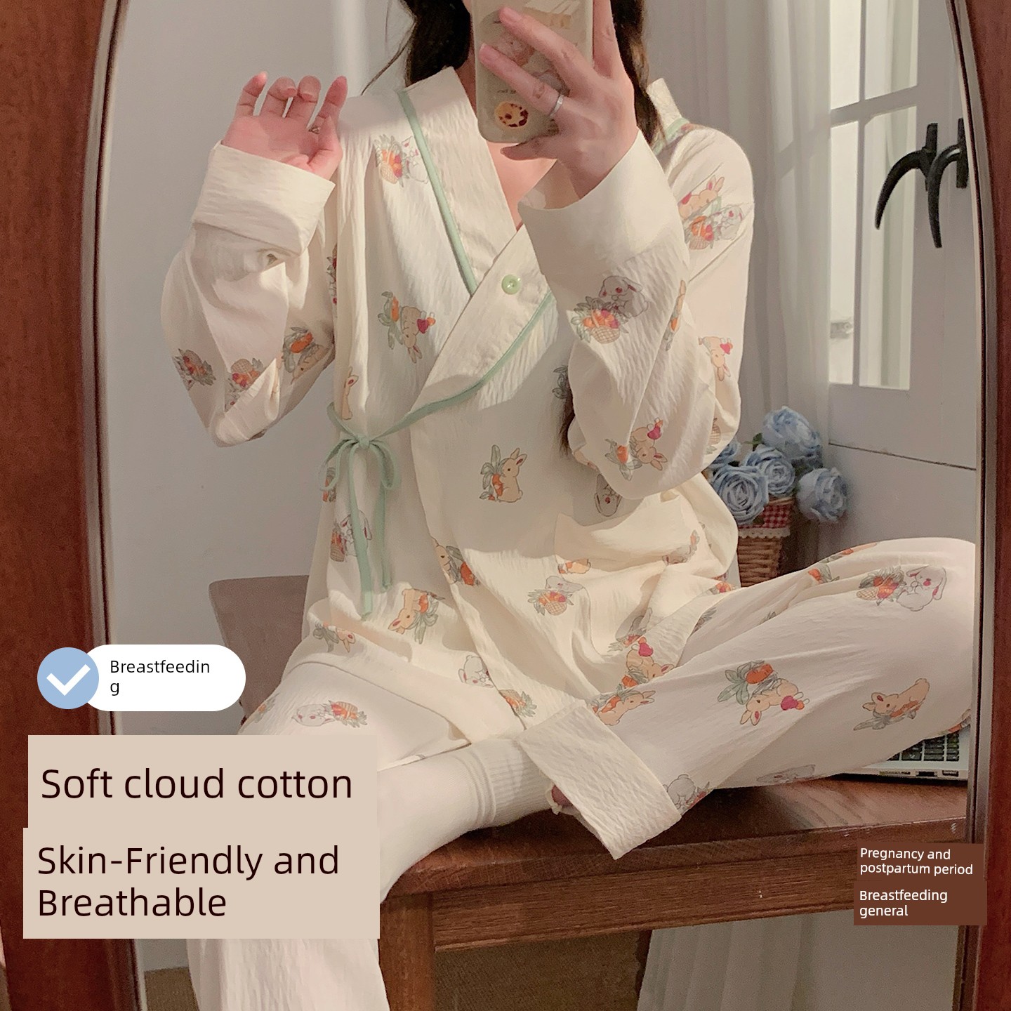 Maternity Pajamas, Summer Thin Style, Postpartum Long-Sleeved Gauze Confinement Clothes, Maternity Nursing Kimono-Style Home Clothes — 6