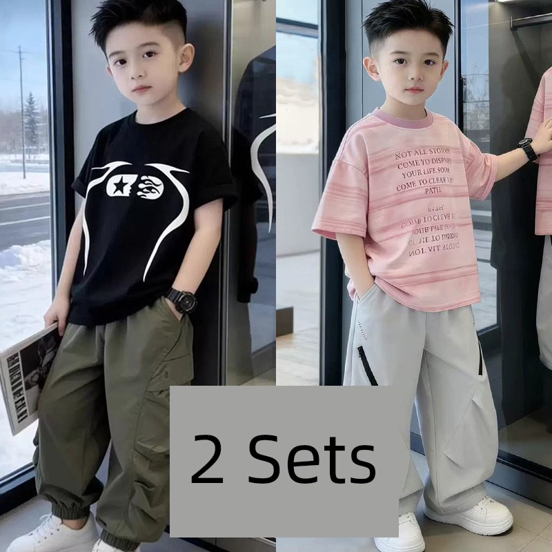 Boys' Short-Sleeve T-Shirt Set 2026 New Trendy Street Style Cool Children's Summer Outfit Boys' Clothing Big Kids Summer Two-Piece Set — 1