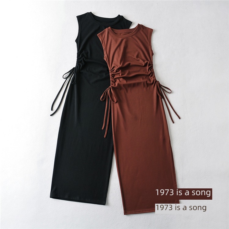 Europe and America Hollow out Bareback Self-cultivation Fork Vest skirt Drawstring