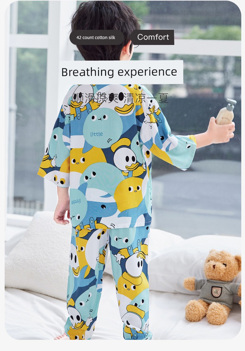 Summer Thin Cotton Silk Pajamas for Children, Three-Quarter Sleeve Home Wear Set, Simple Style for Baby Boys and Girls, Suitable for Older Children — 6