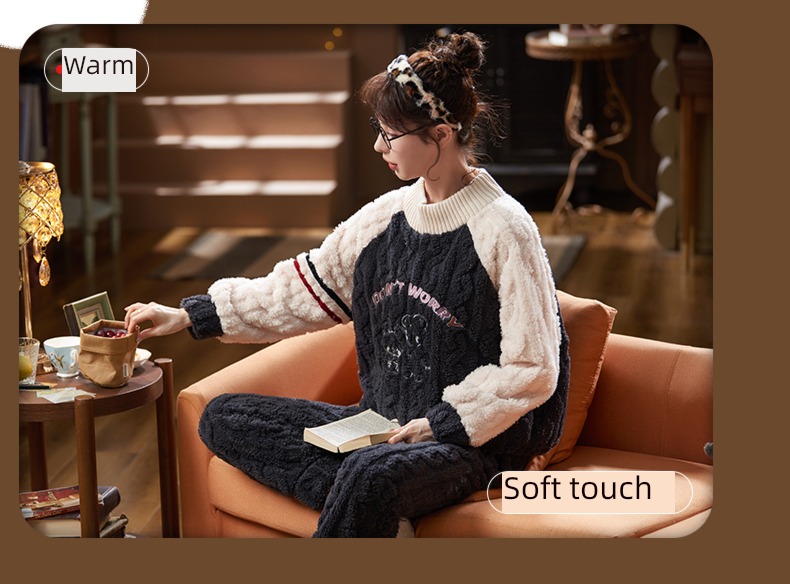 Coral velvet female spring and autumn winter keep warm flange pajamas