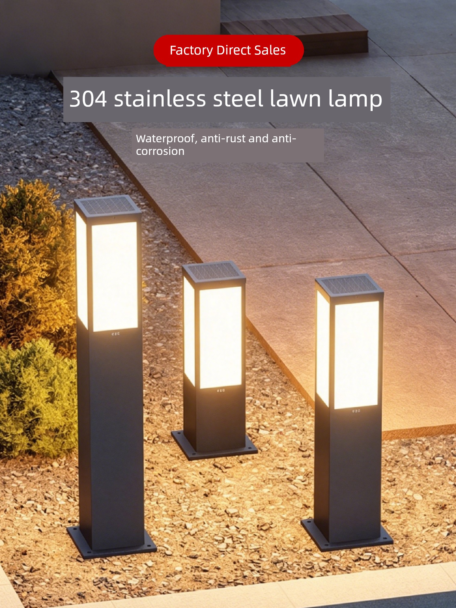 304 Stainless Steel Solar Lawn Lamp Outdoor Villa Landscape Garden Lamp Simple Waterproof and Rust-Proof Ground Lamp