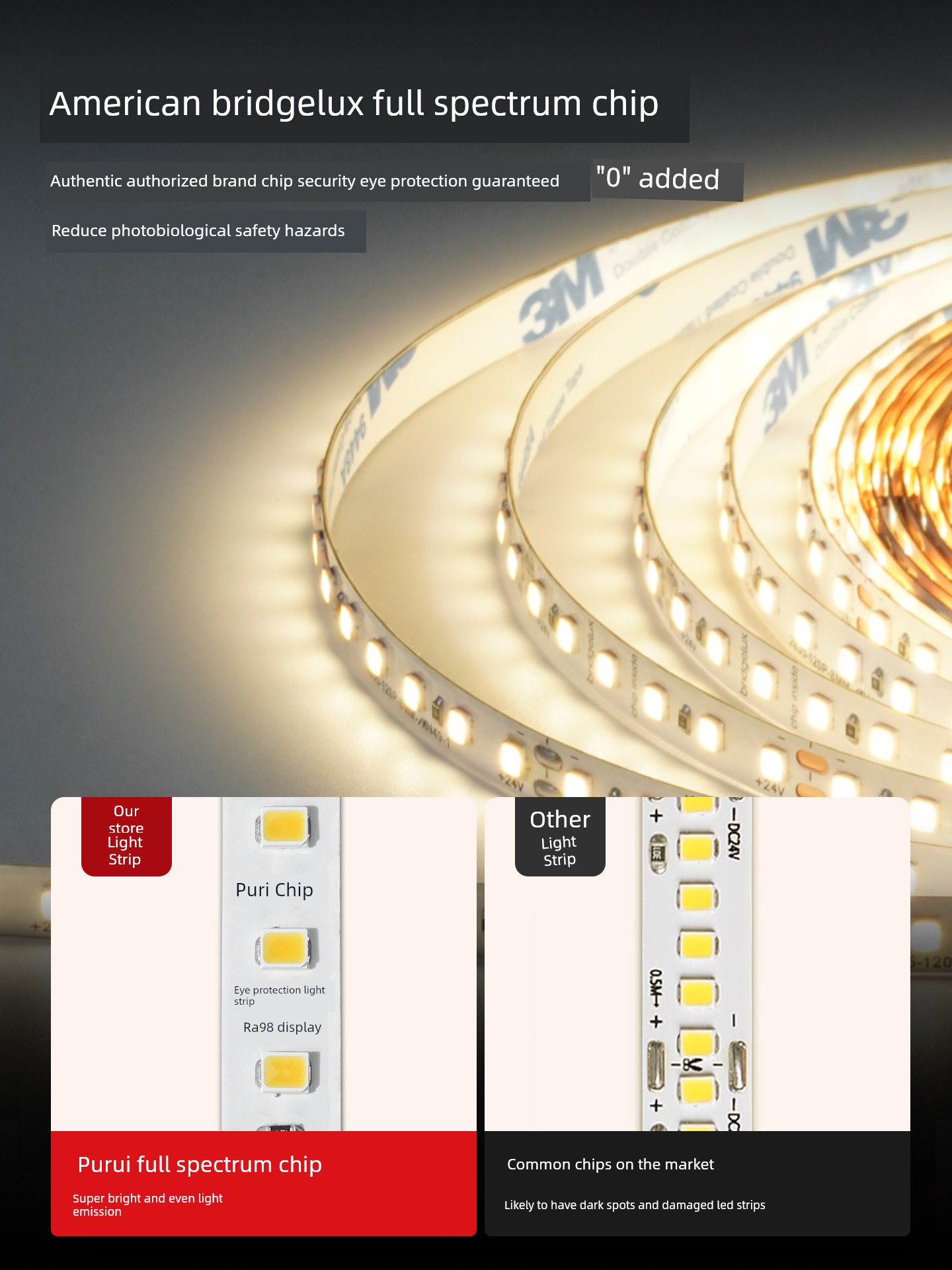 Genuine Purui 98 Cri Led Strip Light 24V for Living Room and Bedroom, Eye-Protecting Linear Low-Voltage Patch Self-Adhesive Light Strip for Ceiling