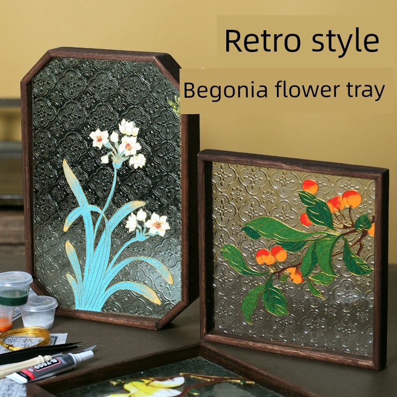 Intangible Cultural Heritage Non-Inlaid Enamel Tray Painting Handmade DIY Begonia Flower Glass Tea Tray Materials Cloisonné Team Building Activities