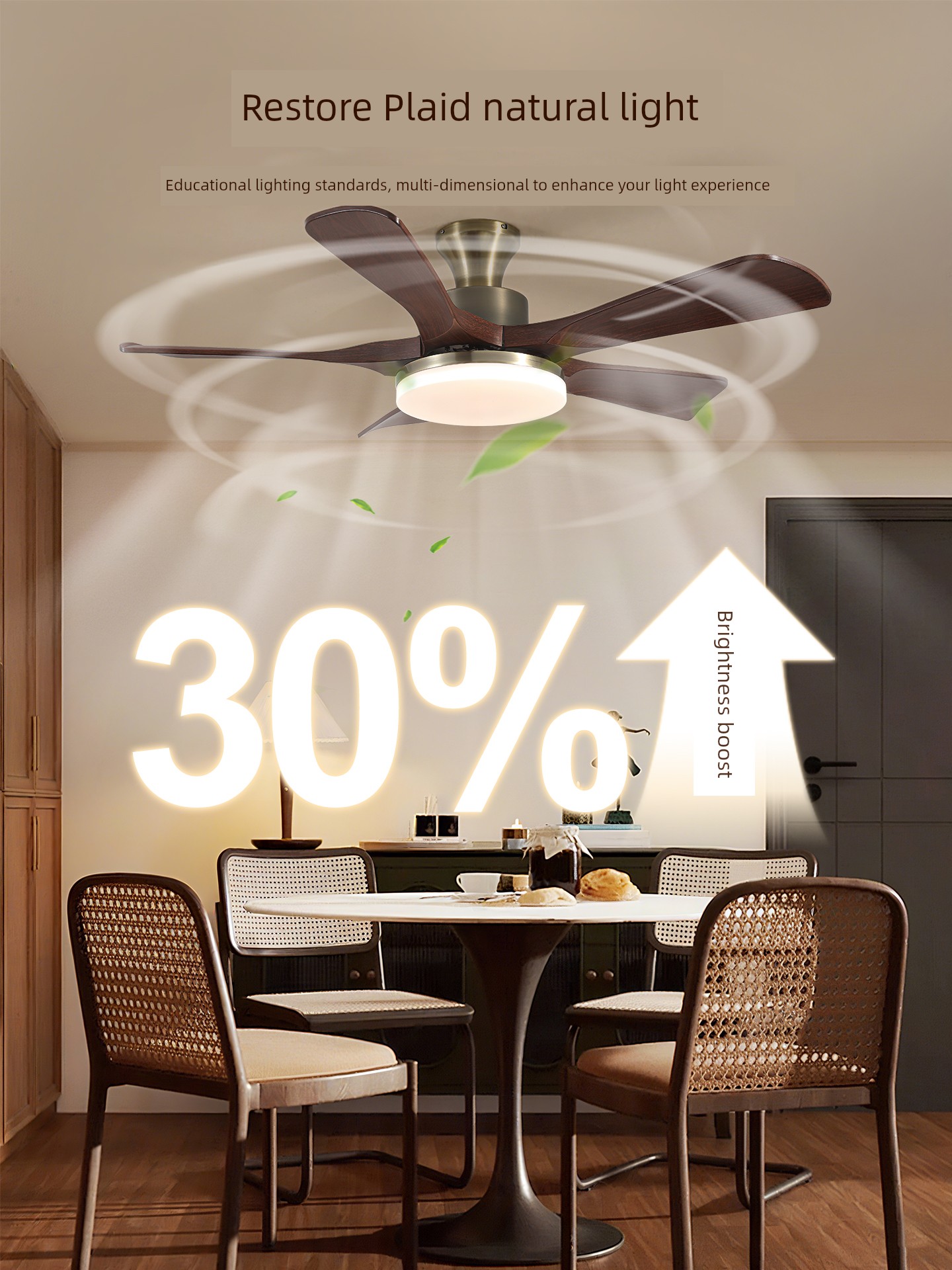 Fan Lamp 2026 New Model Living Room Straight-Blade Five-Blade Ceiling Fan Lamp Bedroom Dining Room Antique Style Large Air Volume Silent R335