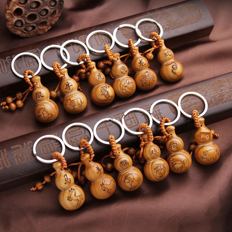 Small Gourd Keychain Peach Wood Carving Pendant Handmade Creative Peace and Fortune Twelve Zodiac Signs Unisex Bag Charm Gift