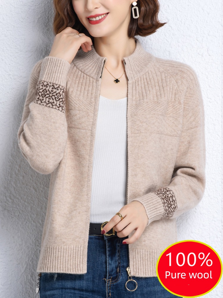 knitting jacket Outside zipper Half high collar pure cardigan