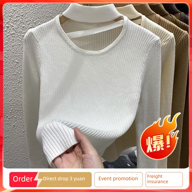Hollow out Foreign style Versatile Long sleeve Lay a foundation Half high collar halter