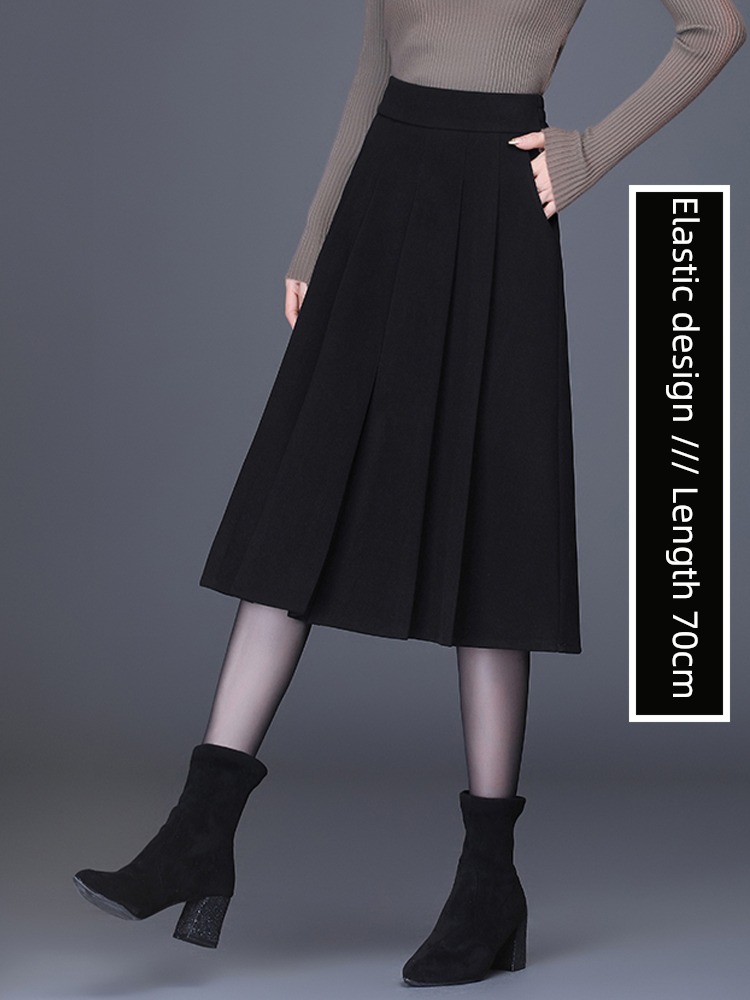 black Wool Autumn and winter With pocket temperament skirt