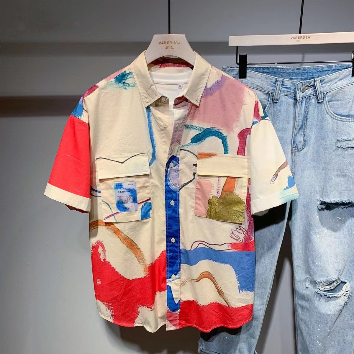 Minority Color contrast Flap pocket summer Chaopai Short sleeve